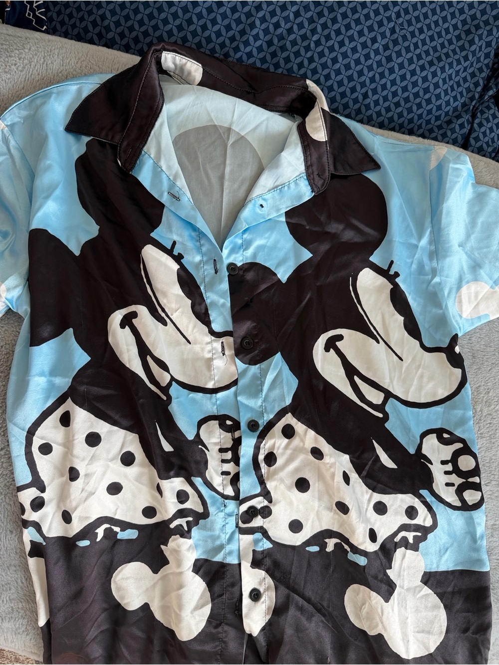 Kids Cartoon Button-Up Shirt in Light Blue and Black